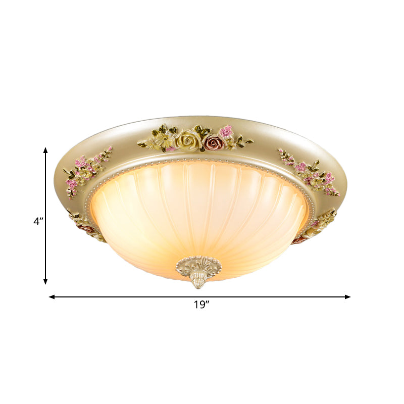 Korean Countryside Dome Flushmount Ceiling Light - 2 Heads, Prismatic Glass, Gold Finish, Flower Decor