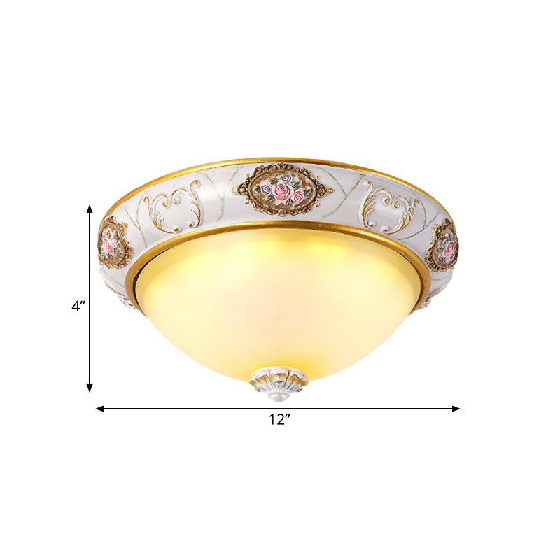 Korean Countryside LED Bedroom Flush Lamp, White Glass Dome, 12"/16" Width