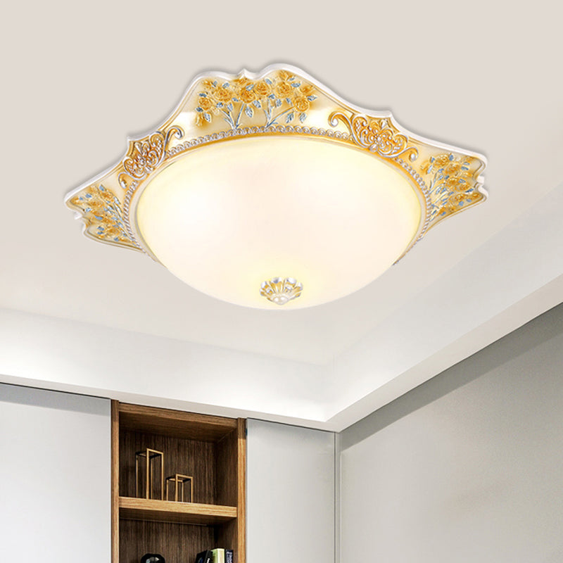 Yellow LED Flushmount Lamp with Frosted Glass Dome - Korea-Country Inspired Ceiling Fixture, 12"/16" Wide