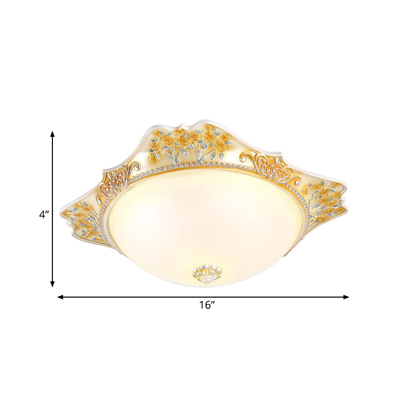 Yellow LED Flushmount Lamp with Frosted Glass Dome - Korea-Country Inspired Ceiling Fixture, 12"/16" Wide