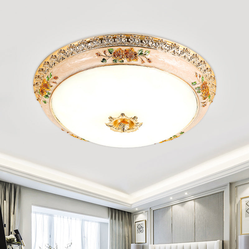 Korean Countryside LED Floral Flushmount Lamp - Resin Carved, Gold Finish