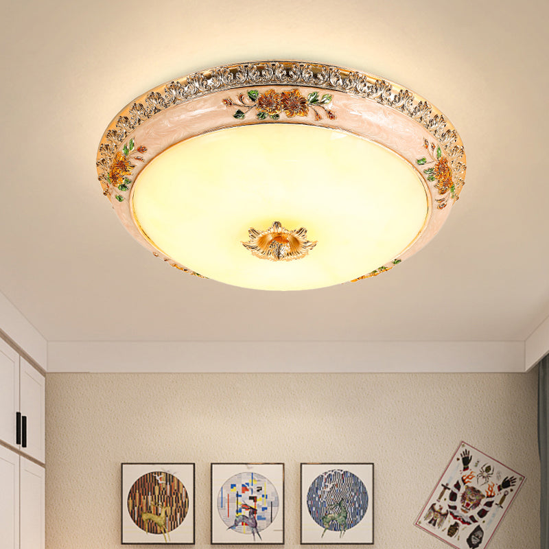 Korean Countryside LED Floral Flushmount Lamp - Resin Carved, Gold Finish