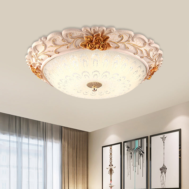 Korean Country Style Gold Led Flush Mounted Light With Seeded Glass Carved Flower Design - Available