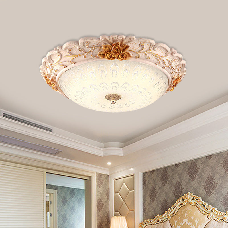 Korean Country Style Gold Led Flush Mounted Light With Seeded Glass Carved Flower Design - Available