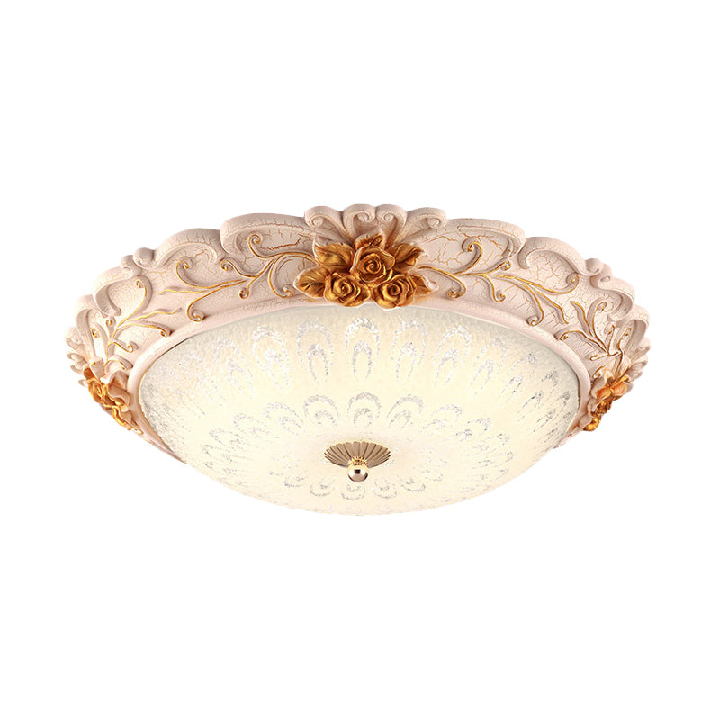 Korean Country Style Gold LED Flush Mounted Light with Seeded Glass Carved Flower Design - available in 12"/16" Width