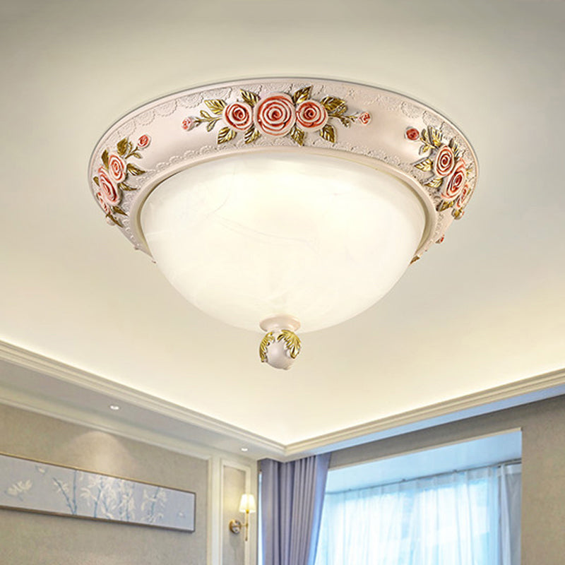 Korean Countryside Style Domed Flush Lamp With Carved Flower Deco - White Glass Led Flushmount