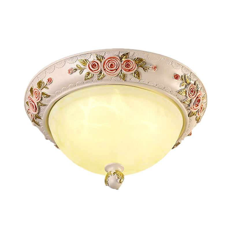 Korean Countryside Style Domed Flush Lamp With Carved Flower Deco - White Glass Led Flushmount