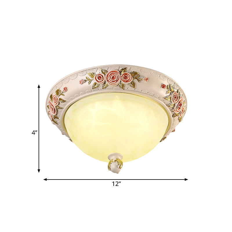 Korean Countryside Style Domed Flush Lamp With Carved Flower Deco - White Glass Led Flushmount