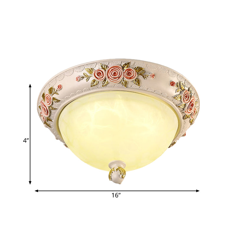 Korean Countryside Style Domed Flush Lamp With Carved Flower Deco - White Glass Led Flushmount