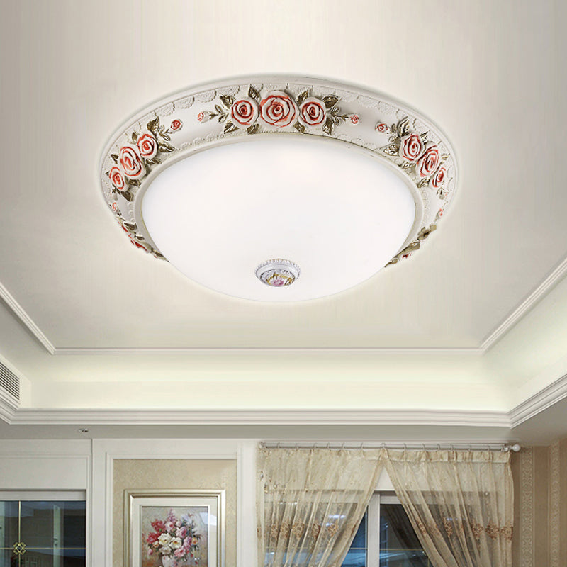 12"/16" Wide Domed Ceiling Mounted Light with White Glass Flush Lamp and Rose Deco - Korea Countryside