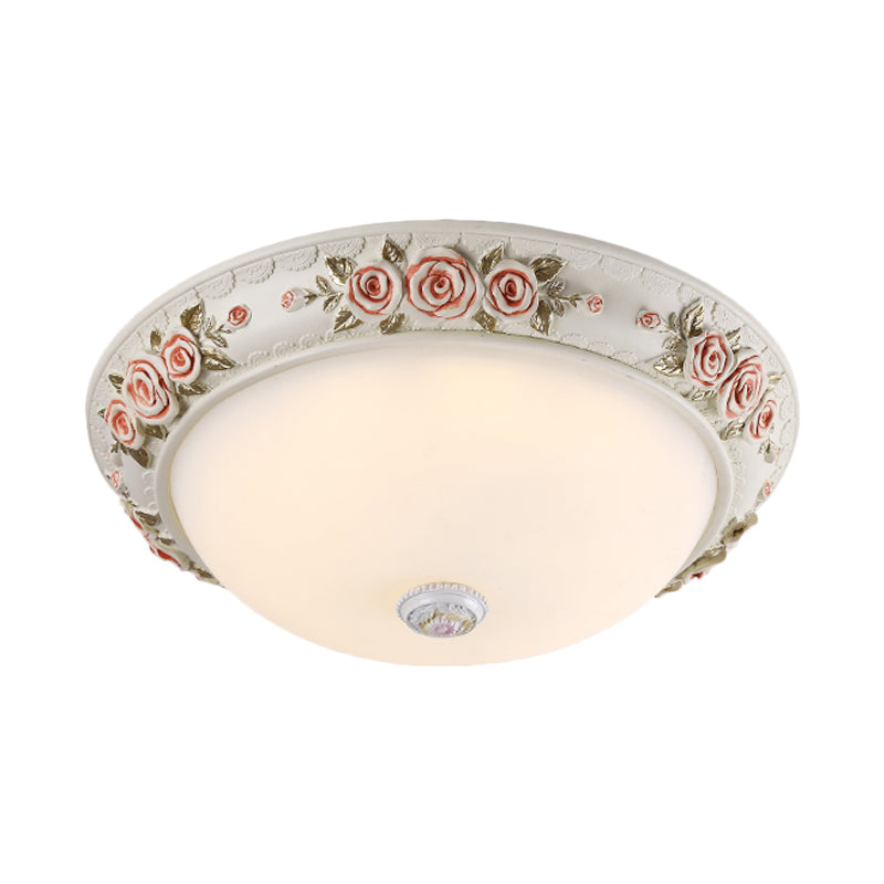 12"/16" Wide Domed Ceiling Mounted Light with White Glass Flush Lamp and Rose Deco - Korea Countryside