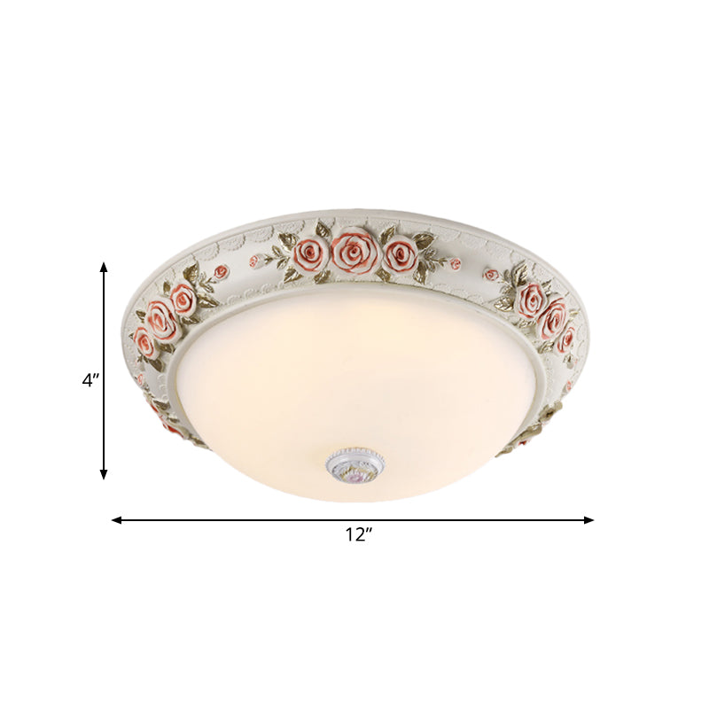 12"/16" Wide Domed Ceiling Mounted Light with White Glass Flush Lamp and Rose Deco - Korea Countryside