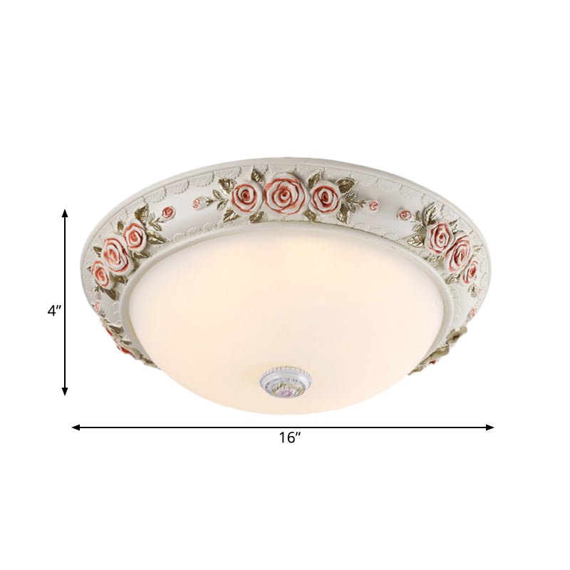 12"/16" Wide Domed Ceiling Mounted Light with White Glass Flush Lamp and Rose Deco - Korea Countryside
