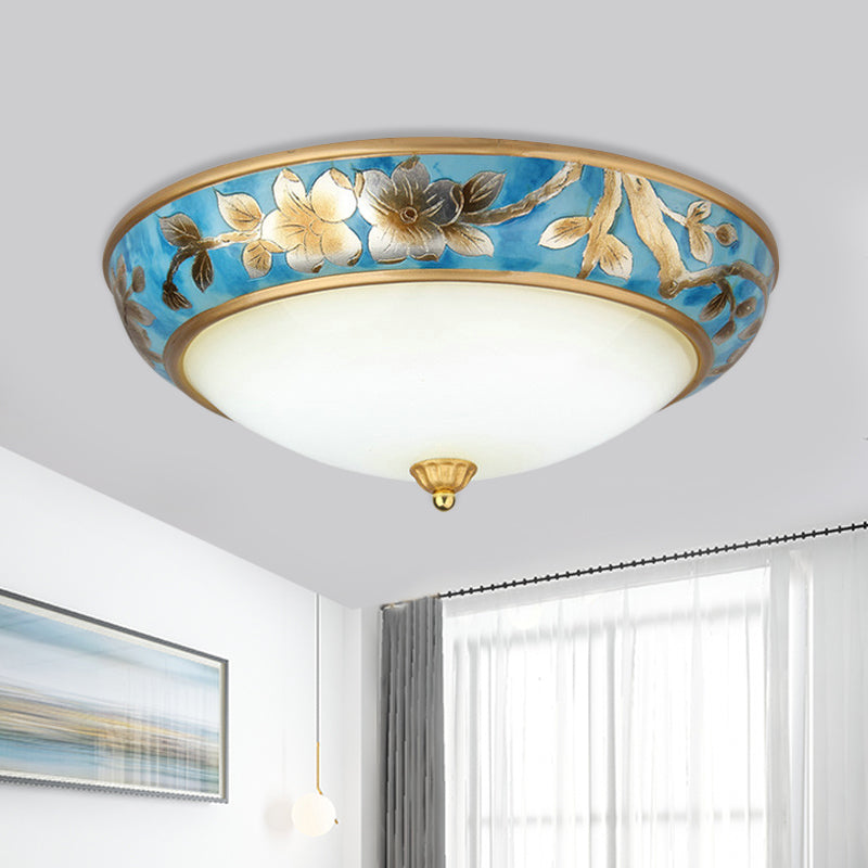 Plafonnier encastré bleu inspiré de la campagne coréenne avec dôme en verre dépoli et motif floral - 16"/19,5" de large