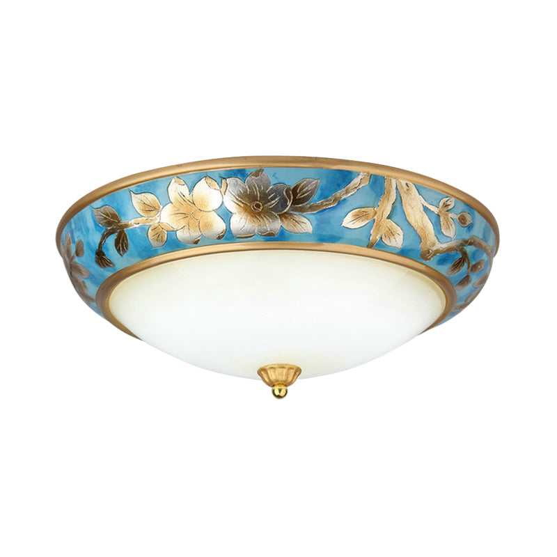 Plafonnier encastré bleu inspiré de la campagne coréenne avec dôme en verre dépoli et motif floral - 16"/19,5" de large