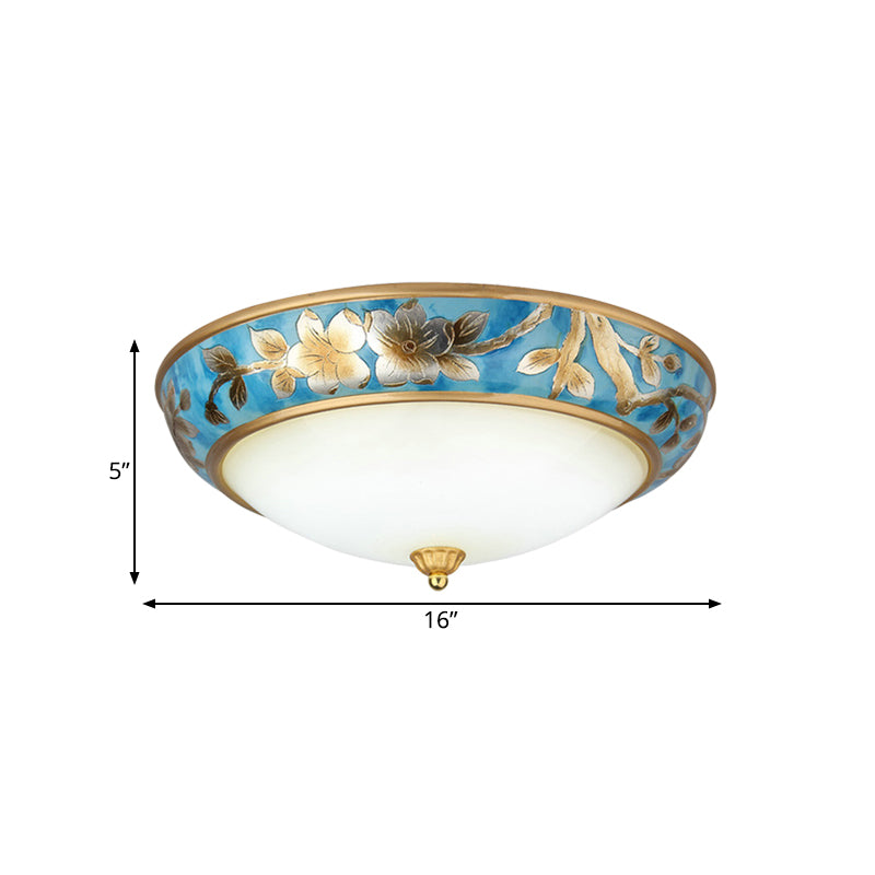 Korean Countryside Inspired Blue Flush Mounted Ceiling Light With Frosted Glass Dome And Flower