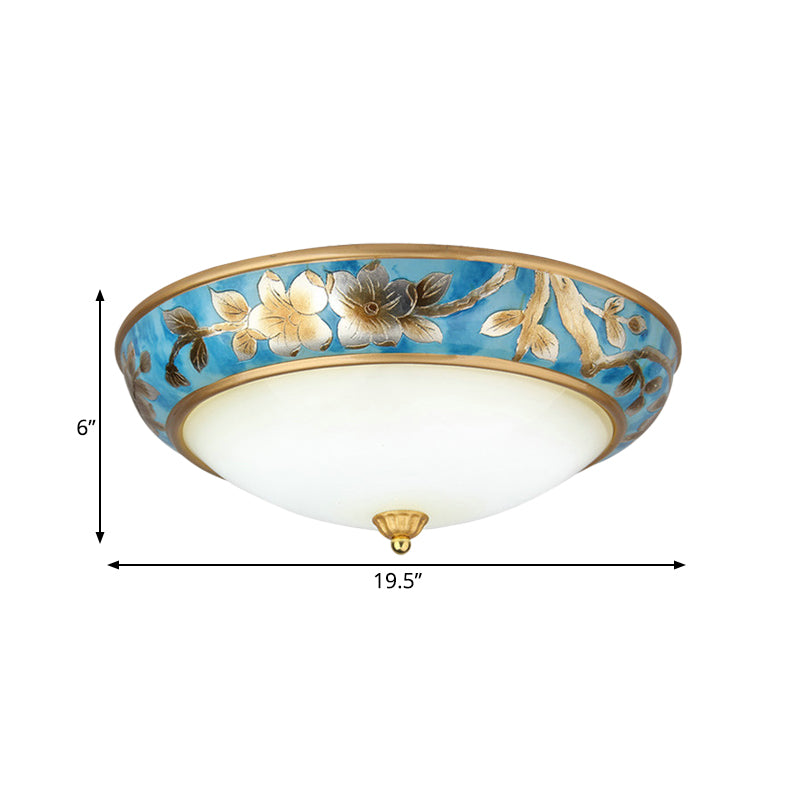 Korean Countryside Inspired Blue Flush Mounted Ceiling Light With Frosted Glass Dome And Flower