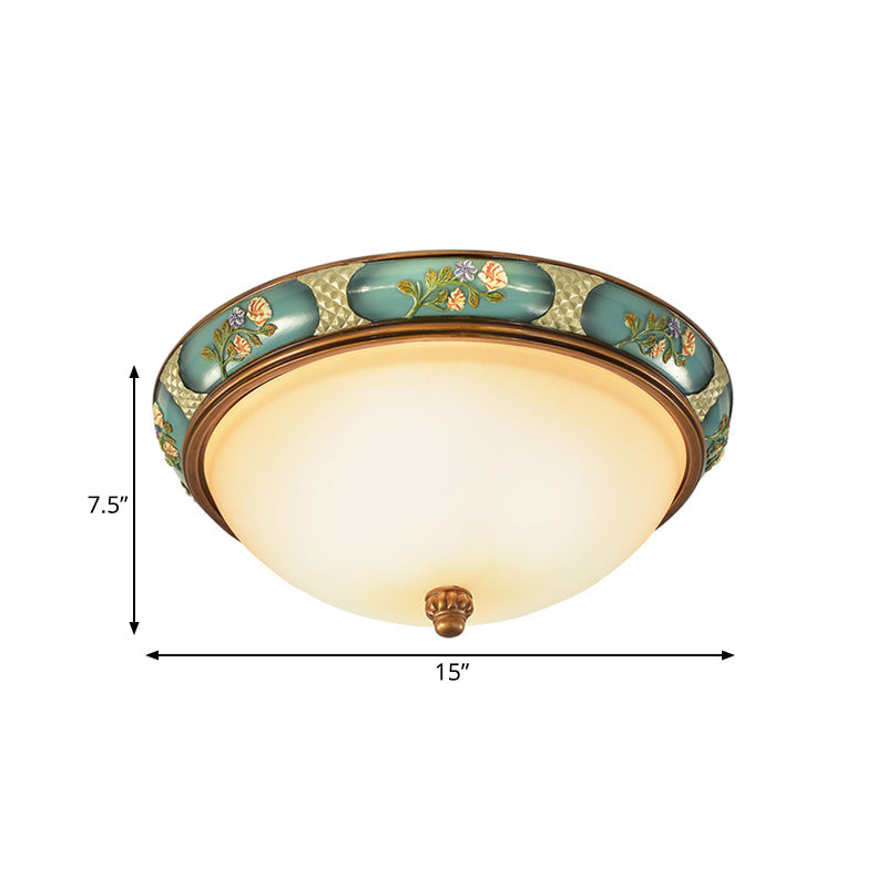 Vintage 3-Head Ceiling Mounted Light in Blue-Green with Frosted Glass Shade, 15"/19" W
