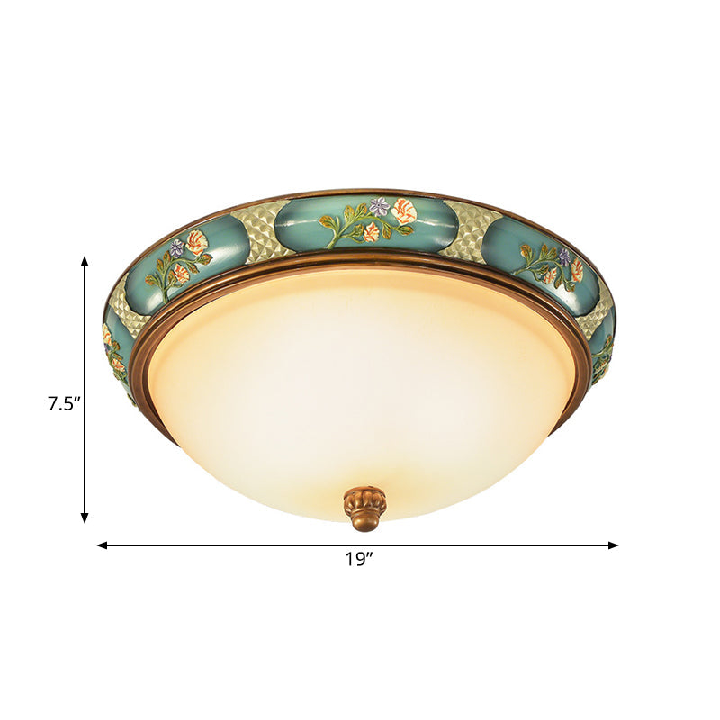 Vintage 3-Head Ceiling Mounted Light in Blue-Green with Frosted Glass Shade, 15"/19" W
