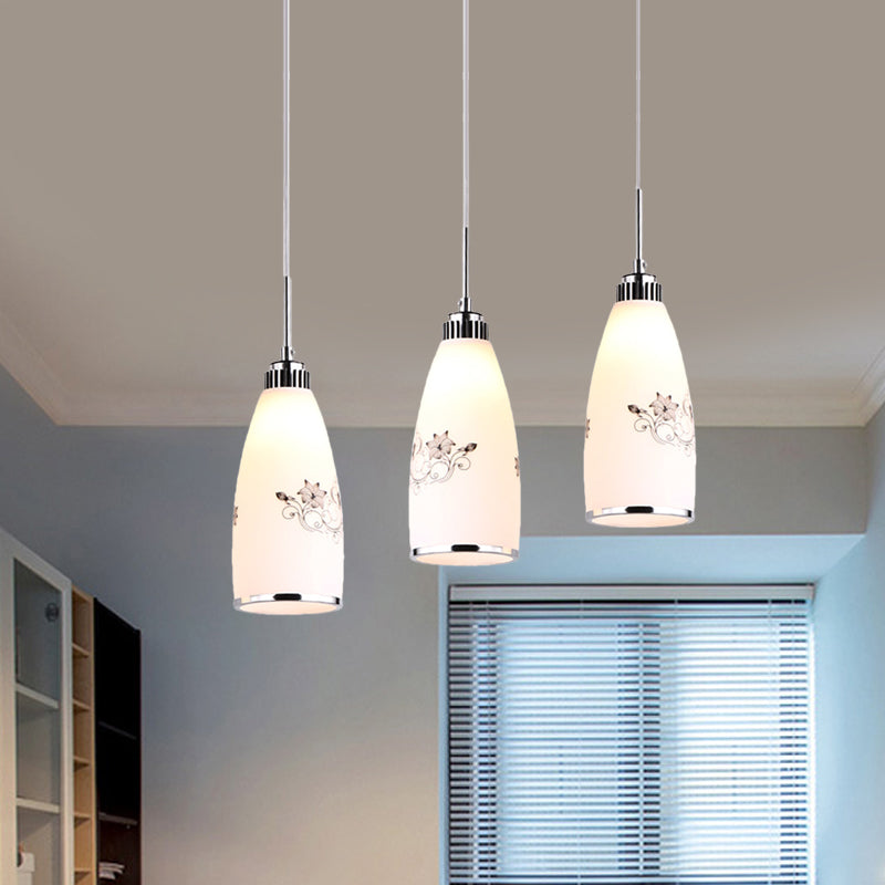 Minimalist 3-Bulb Cone Pendant Lamp With Black/Yellow/Blue Printed Glass And Linear/Round Canopy