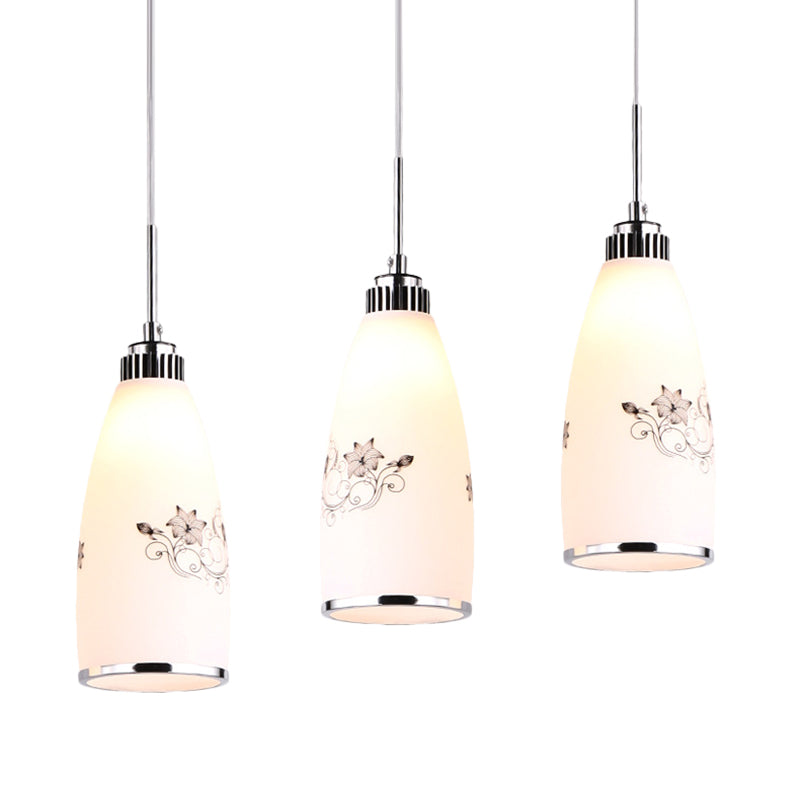 Minimalist 3-Bulb Cone Pendant Lamp With Black/Yellow/Blue Printed Glass And Linear/Round Canopy