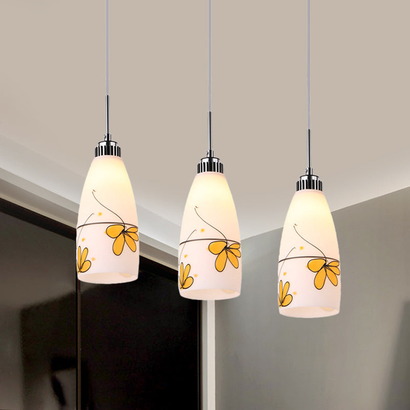 Minimalist 3-Bulb Cone Pendant Lamp With Black/Yellow/Blue Printed Glass And Linear/Round Canopy