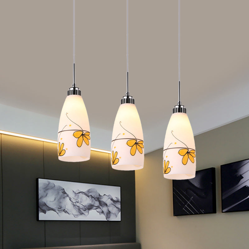 Minimalist 3-Bulb Cone Pendant Lamp With Black/Yellow/Blue Printed Glass And Linear/Round Canopy