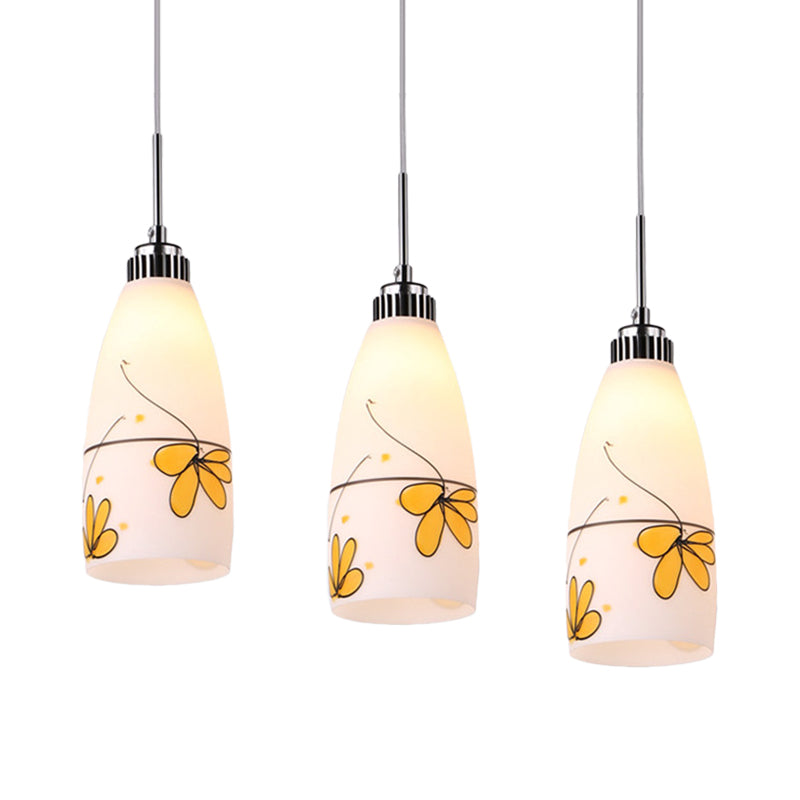 Minimalist 3-Bulb Cone Pendant Lamp With Black/Yellow/Blue Printed Glass And Linear/Round Canopy