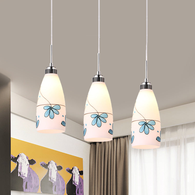 Minimalist 3-Bulb Cone Pendant Lamp With Black/Yellow/Blue Printed Glass And Linear/Round Canopy