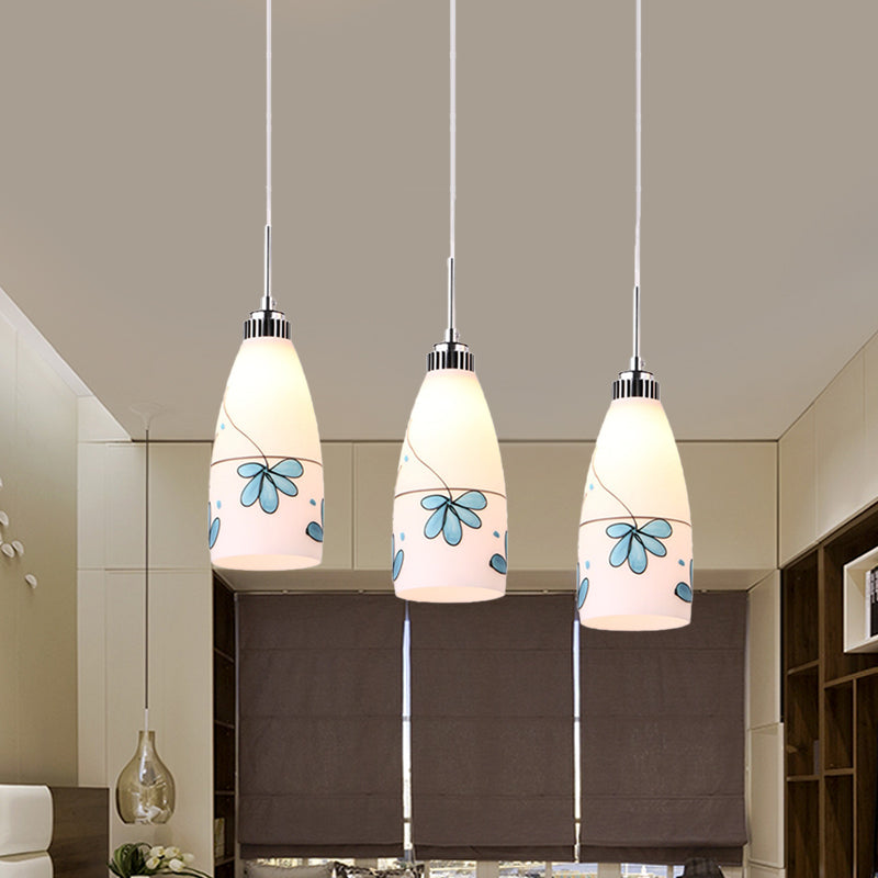 Minimalist 3-Bulb Cone Pendant Lamp With Black/Yellow/Blue Printed Glass And Linear/Round Canopy