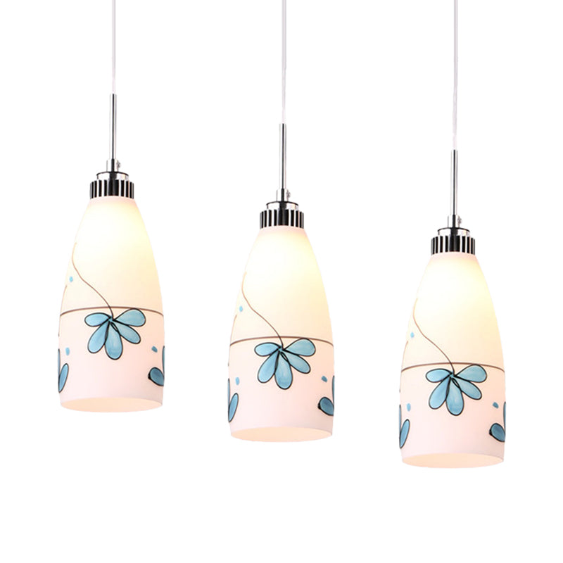 Minimalist 3-Bulb Cone Pendant Lamp With Black/Yellow/Blue Printed Glass And Linear/Round Canopy