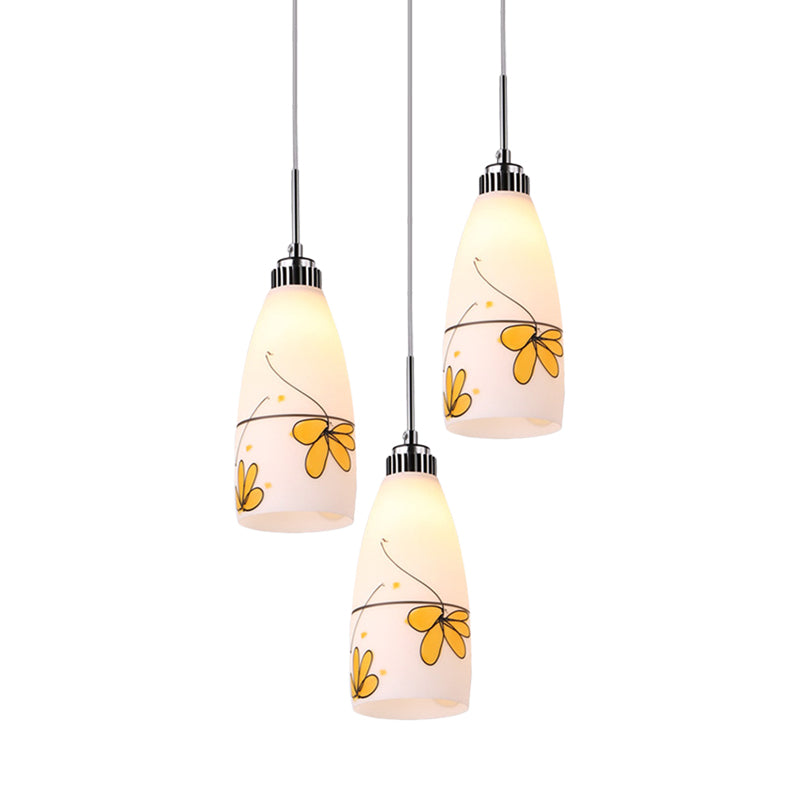 Minimalist 3-Bulb Cone Pendant Lamp With Black/Yellow/Blue Printed Glass And Linear/Round Canopy