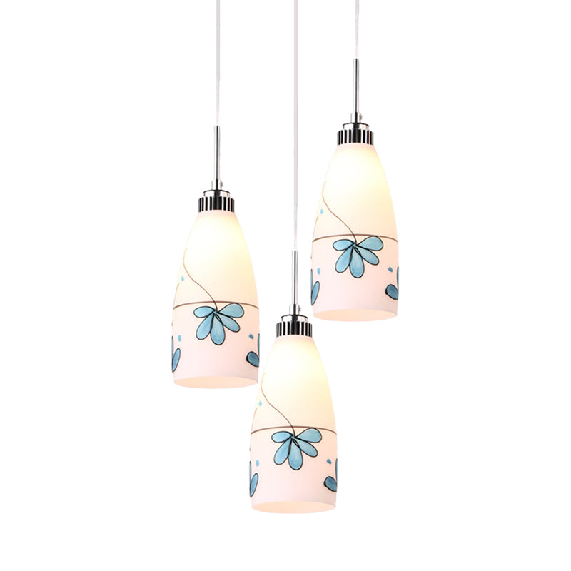 Minimalist 3-Bulb Cone Pendant Lamp With Black/Yellow/Blue Printed Glass And Linear/Round Canopy