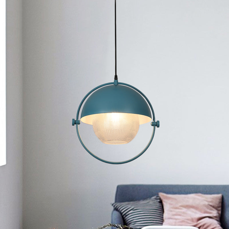 Kit de suspension contemporaine en demi-cercle avec 1 ampoule, finition en métal bleu/doré et abat-jour en verre transparent à treillis