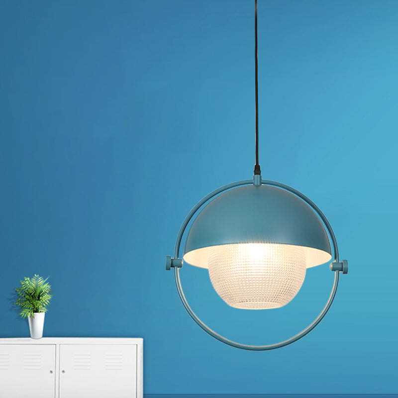 Kit de suspension contemporaine en demi-cercle avec 1 ampoule, finition en métal bleu/doré et abat-jour en verre transparent à treillis