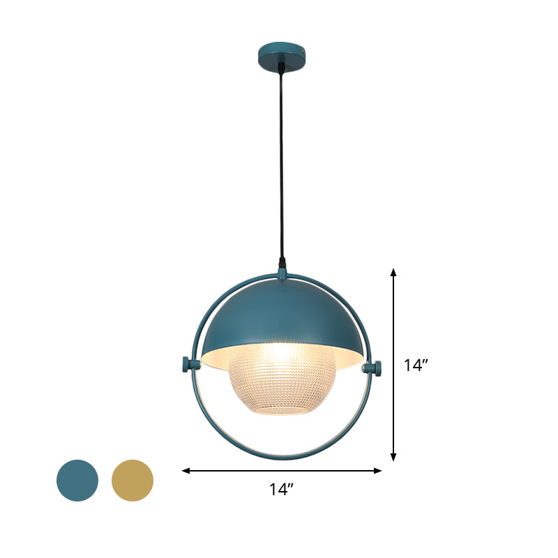 Kit de suspension contemporaine en demi-cercle avec 1 ampoule, finition en métal bleu/doré et abat-jour en verre transparent à treillis