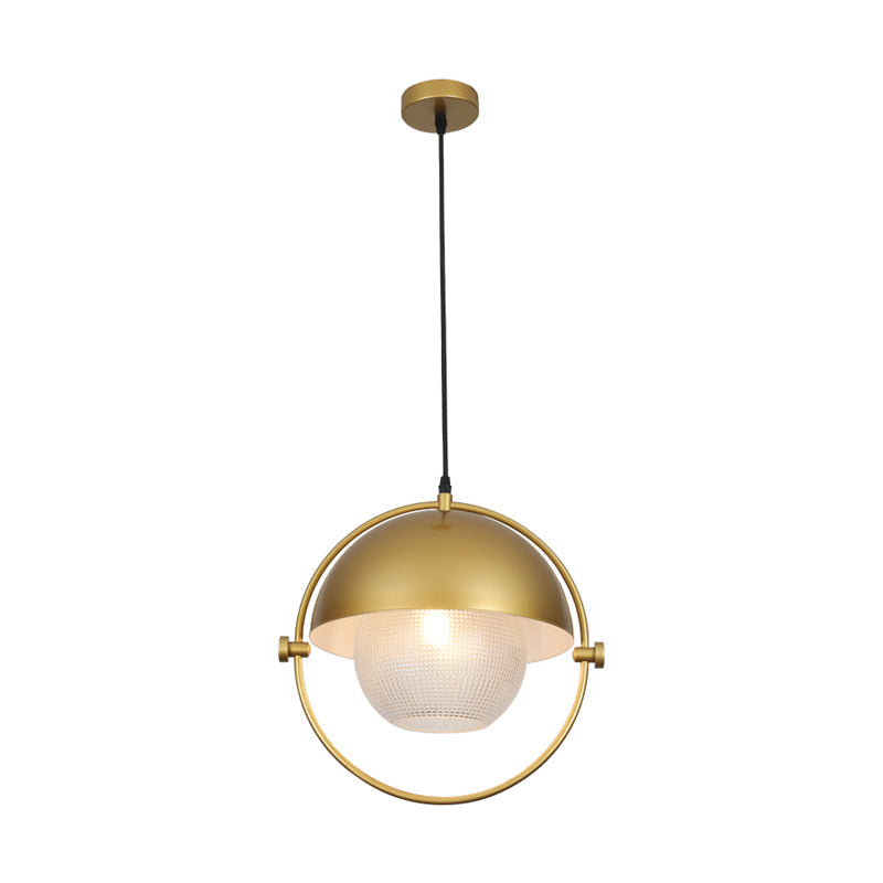 Kit de suspension contemporaine en demi-cercle avec 1 ampoule, finition en métal bleu/doré et abat-jour en verre transparent à treillis