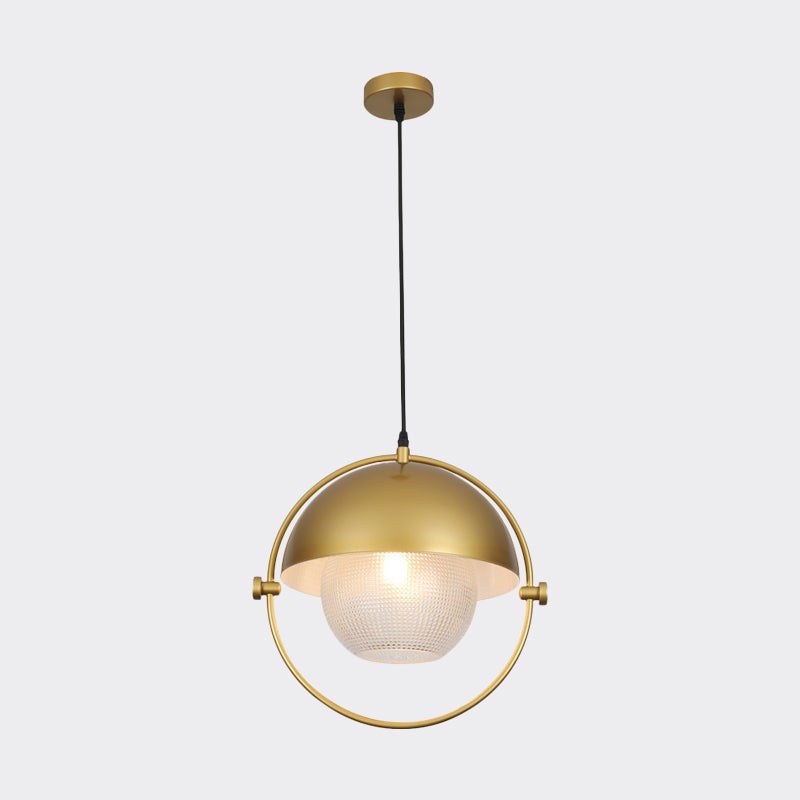 Kit de suspension contemporaine en demi-cercle avec 1 ampoule, finition en métal bleu/doré et abat-jour en verre transparent à treillis