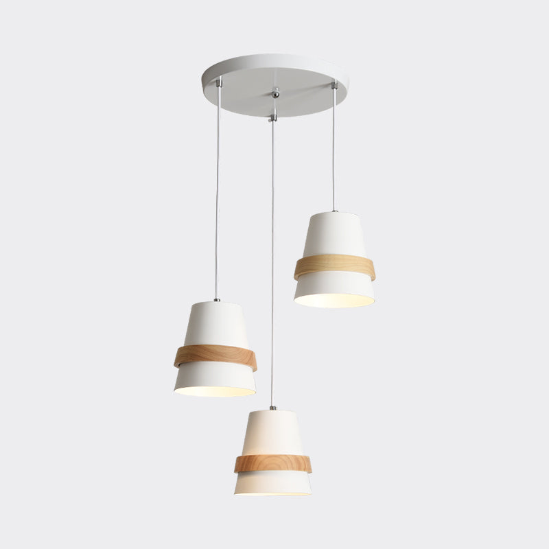 Modernist Wood and Metal Multi-Pendant Suspension Light for Dining Room - Cup Shape, 3 Heads, White/Black