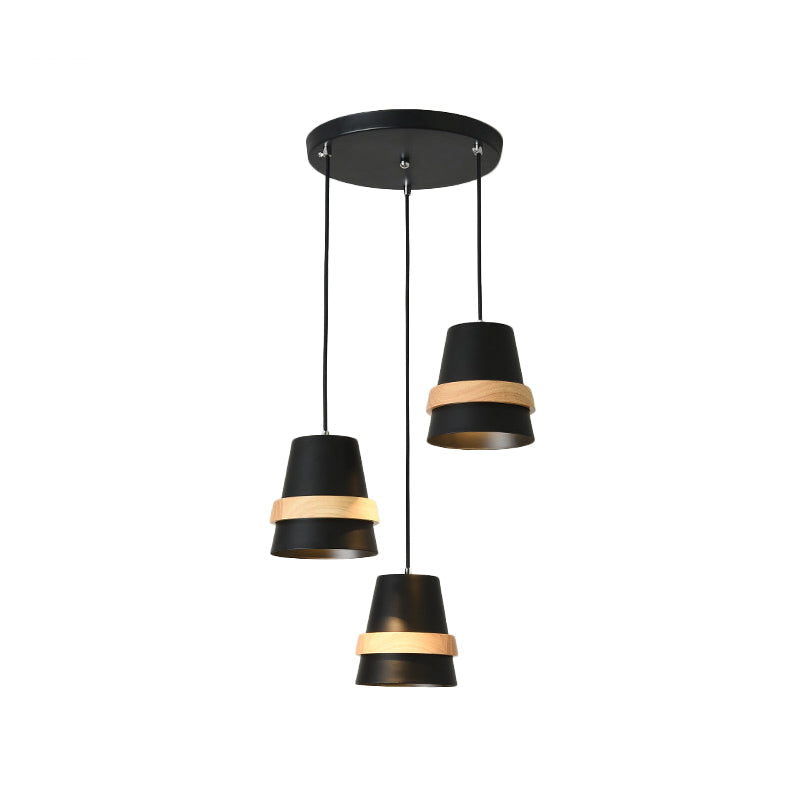 Modernist Wood and Metal Multi-Pendant Suspension Light for Dining Room - Cup Shape, 3 Heads, White/Black