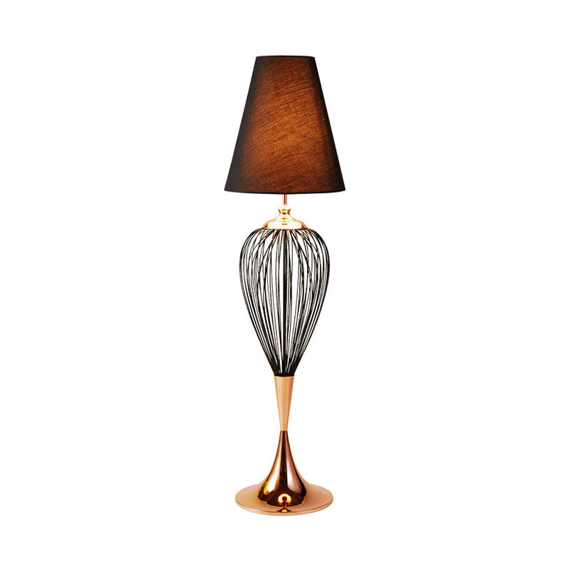 Modernist Iron Teardrop Cage Floor Lamp In Black With Cone Fabric Shade