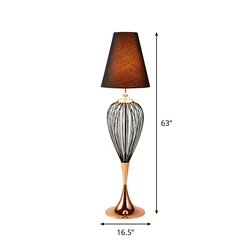Modernist Iron Teardrop Cage Floor Lamp In Black With Cone Fabric Shade