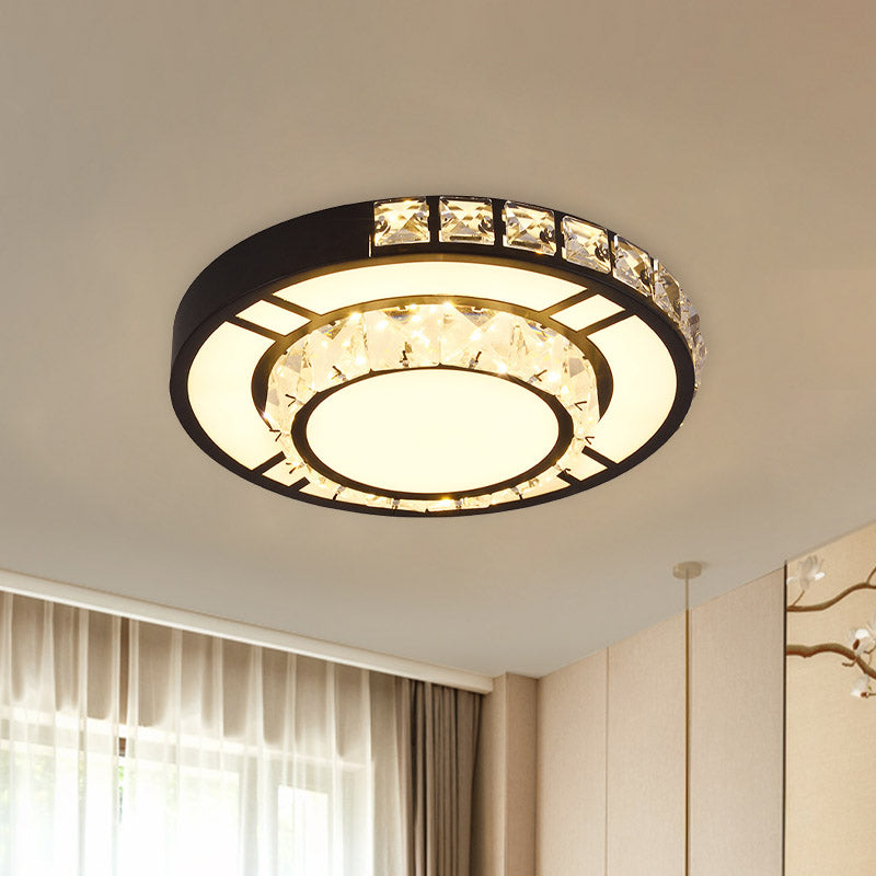 Minimal Style Crystal LED Flush Mount Light Fixture - Black (Square/Round) for Bedroom Ceiling