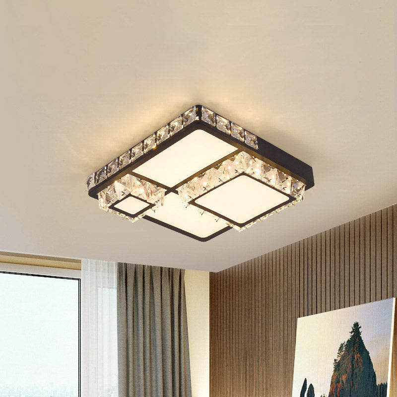 Minimal Style Crystal LED Flush Mount Light Fixture - Black (Square/Round) for Bedroom Ceiling
