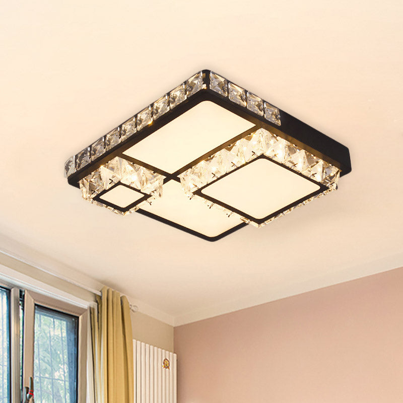 Minimal Style Crystal LED Flush Mount Light Fixture - Black (Square/Round) for Bedroom Ceiling