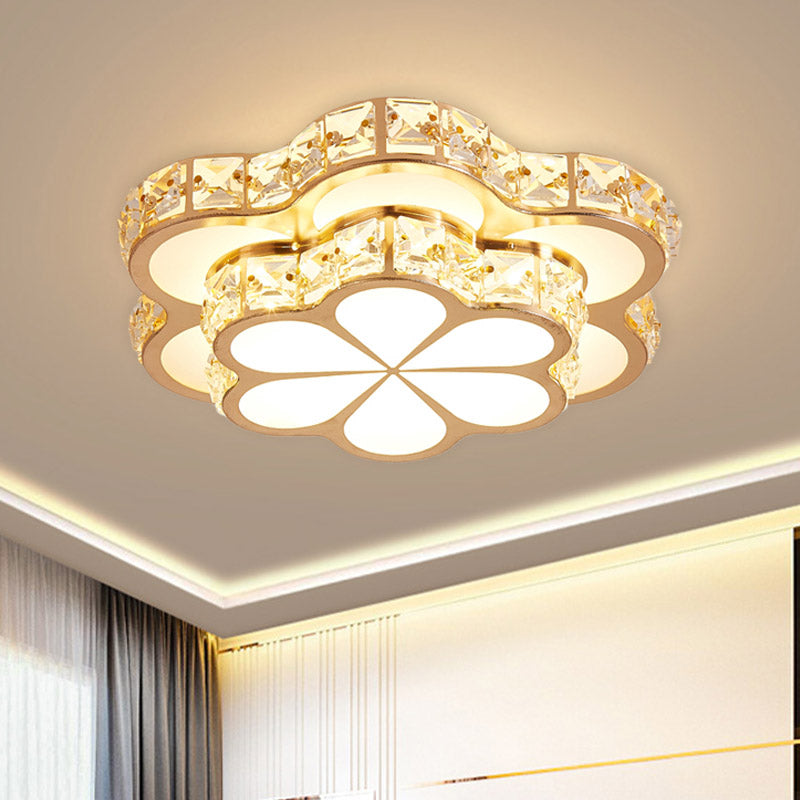 Contemporary LED Crystal Drum/Flower Corridor Flushmount Ceiling Light - White/Gold Finish