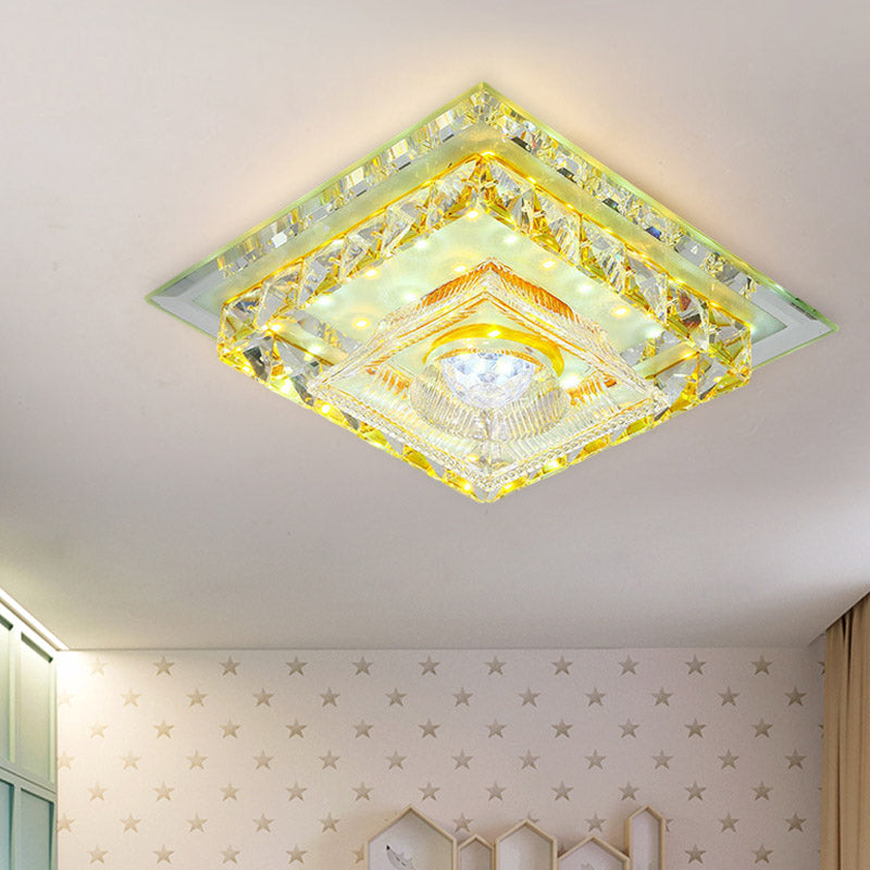 Plafonnier LED simple à encastrer avec design carré en cristal transparent et abat-jour en verre nervuré à lumière chaude/blanche