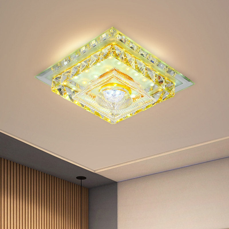Plafonnier LED simple à encastrer avec design carré en cristal transparent et abat-jour en verre nervuré à lumière chaude/blanche