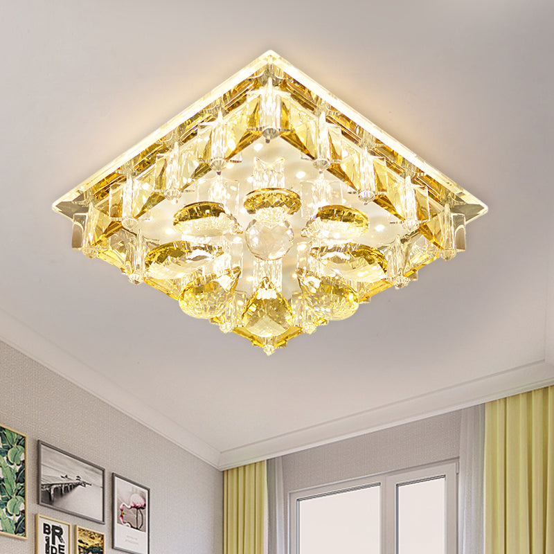Contemporary Amber Crystal Flushmount Ceiling Lamp - Square LED Light Fixture for Stairs in Warm/White/Multi Color