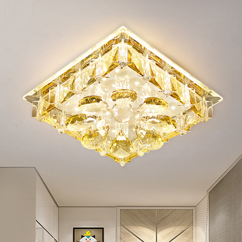 Contemporary Amber Crystal Flushmount Ceiling Lamp - Square LED Light Fixture for Stairs in Warm/White/Multi Color